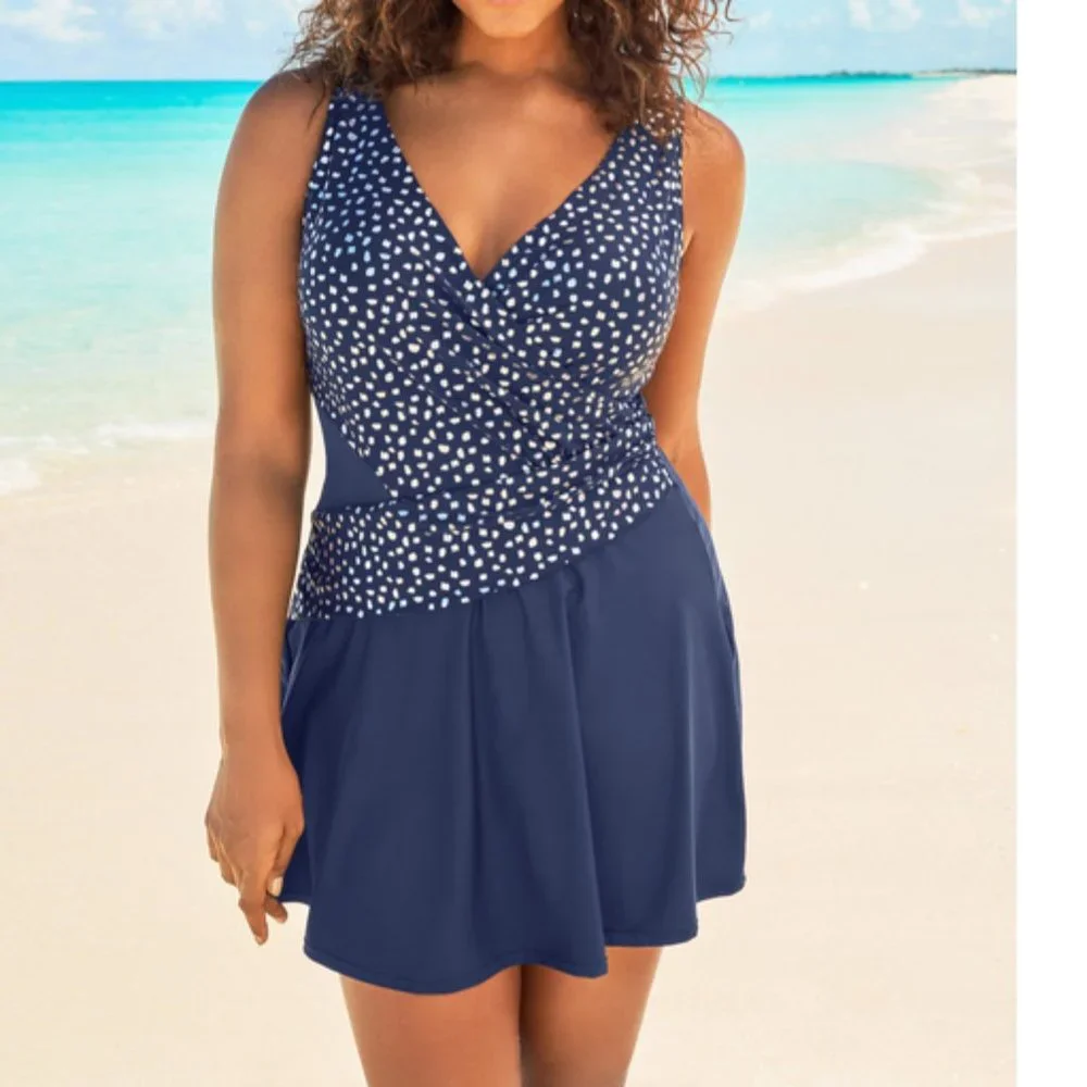 Nwt Mesh Inset Surplice wrap Swimdress Swimsuits For All Navy